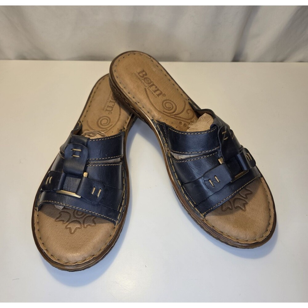 Born Navy Leather Slides Womens Size 11 US